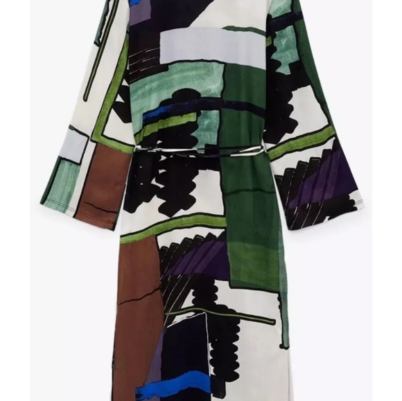 ZARA Green printed tunic kaftan belted mididress - Picture 3 of 8